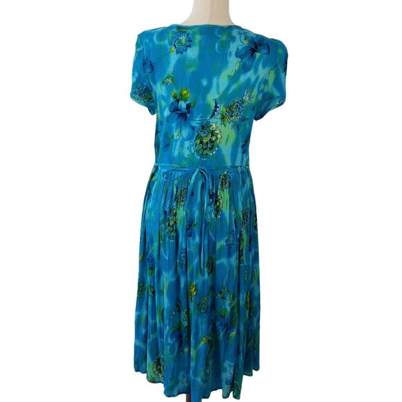 Bila Blue Green Yellow Floral Maxi Short Sleeve Dress Boho Pleated Skirt Size M - Picture 3 of 4
